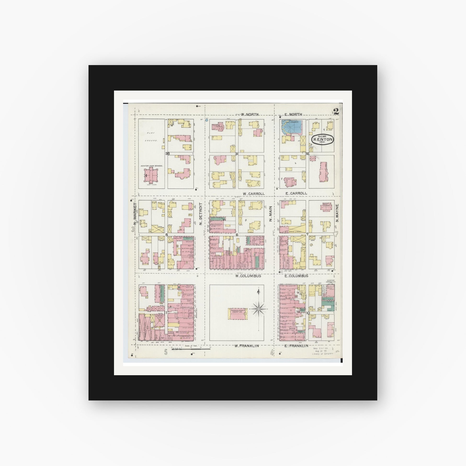 Old map wall art mockup — black gallery frame with white mat — Sanborn Fire Insurance Map from Kenton, Hardin County, Ohio (1892), Sheet #0002