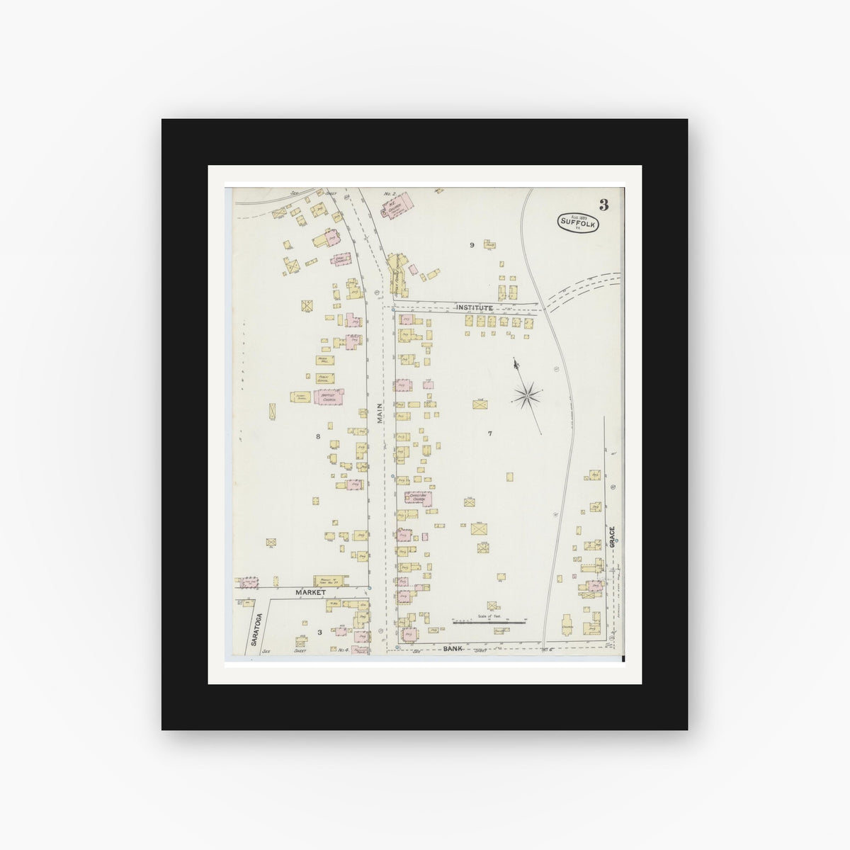 Old map wall art mockup — black gallery frame with white mat — Sanborn Fire Insurance Map from Suffolk, Independent Cities, Virginia (1889), Sheet #0003