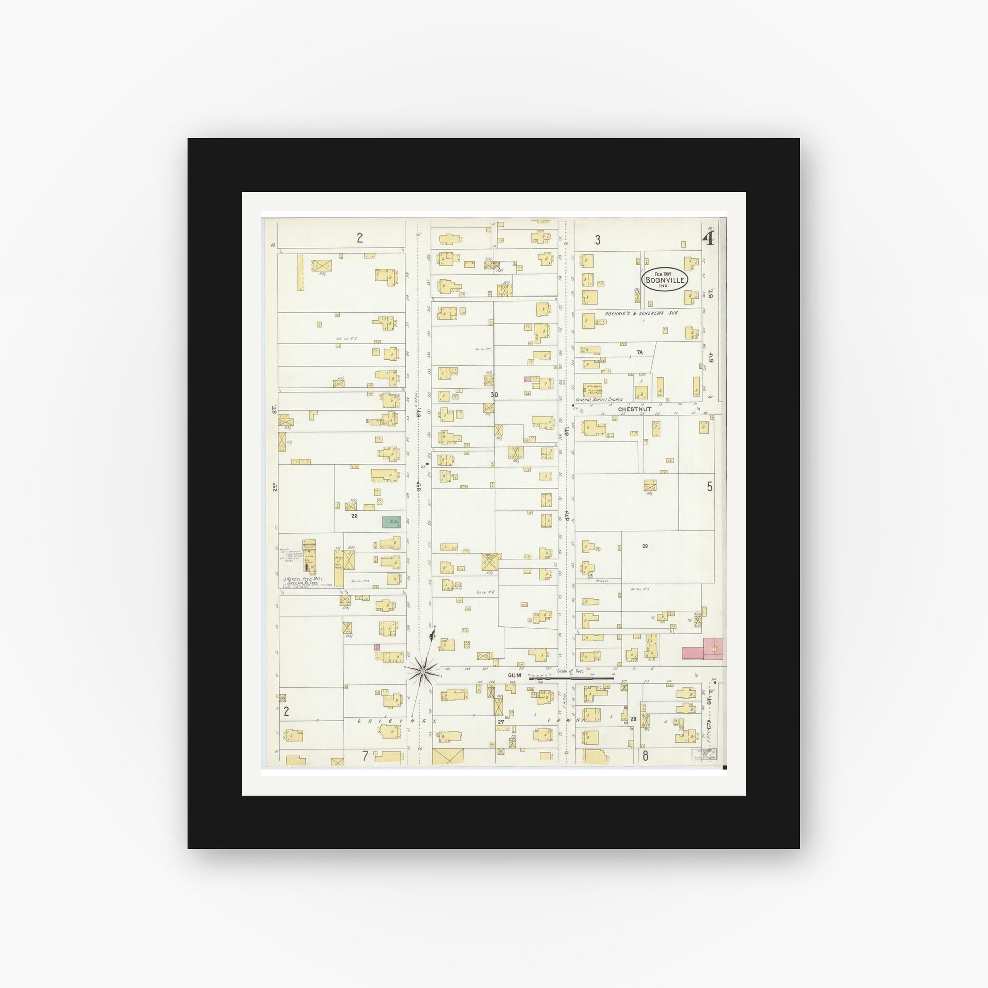 Old map wall art mockup — black gallery frame with white mat — Sanborn Fire Insurance Map from Boonville, Warrick County, Indiana (1907), Sheet #0004