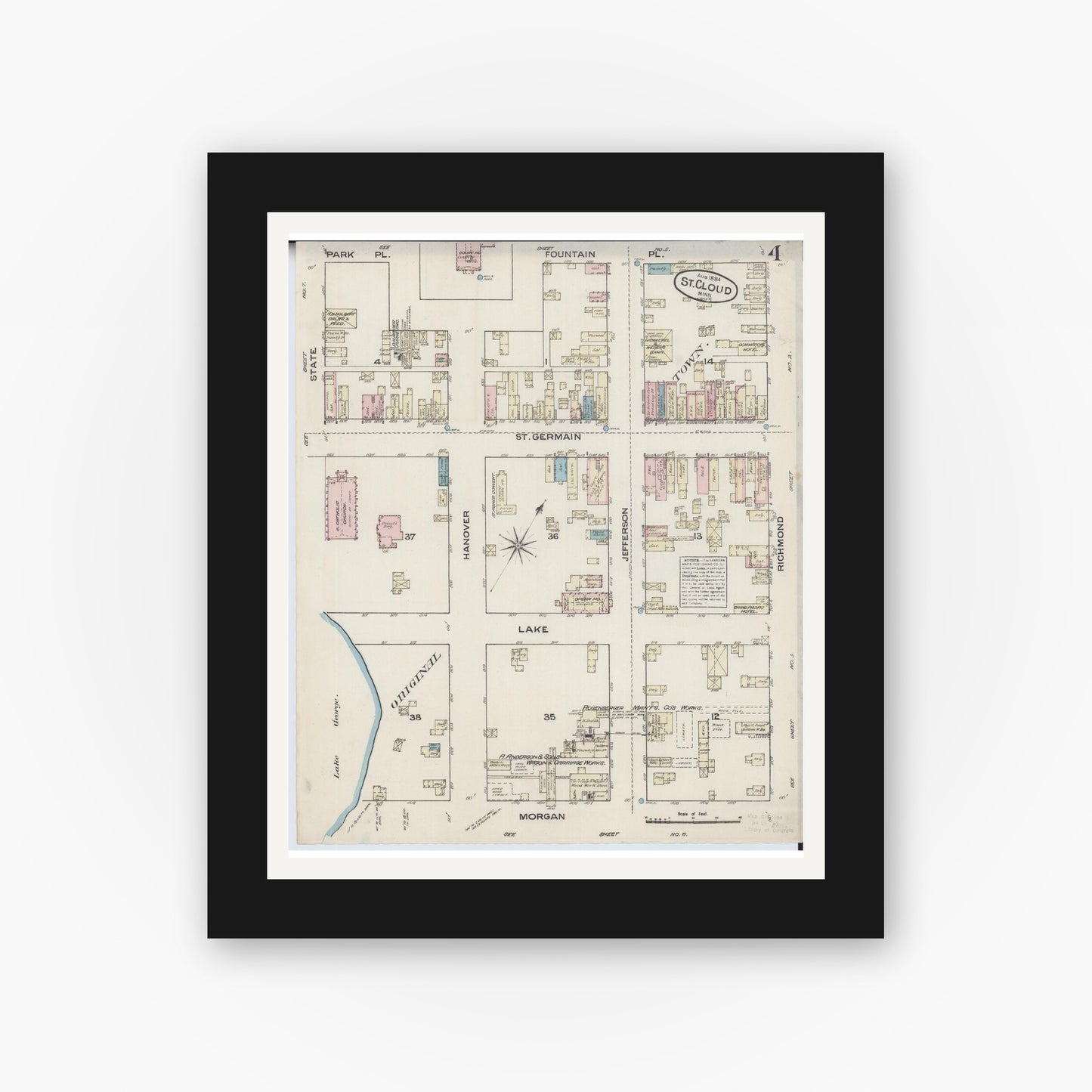 Old map wall art mockup — black gallery frame with white mat — Sanborn Fire Insurance Map from Saint Cloud, Stearns, Benton, and Sherburne Counties, Minnesota (1884), Sheet #0004