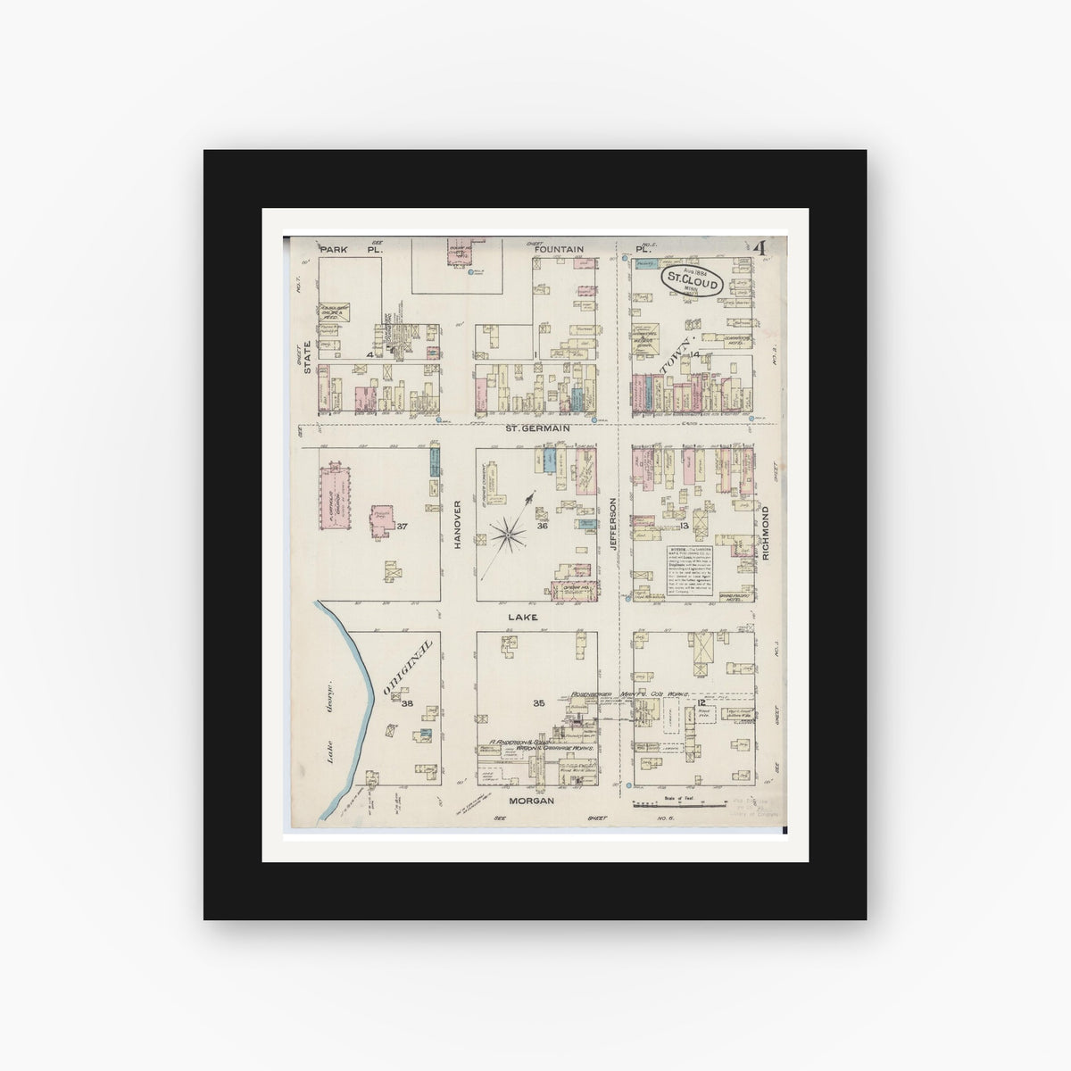 Old map wall art mockup — black gallery frame with white mat — Sanborn Fire Insurance Map from Saint Cloud, Stearns, Benton, and Sherburne Counties, Minnesota (1884), Sheet #0004