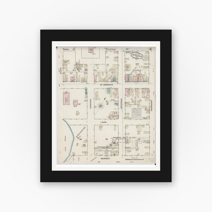 Old map wall art mockup — black gallery frame with white mat — Sanborn Fire Insurance Map from Saint Cloud, Stearns, Benton, and Sherburne Counties, Minnesota (1884), Sheet #0004