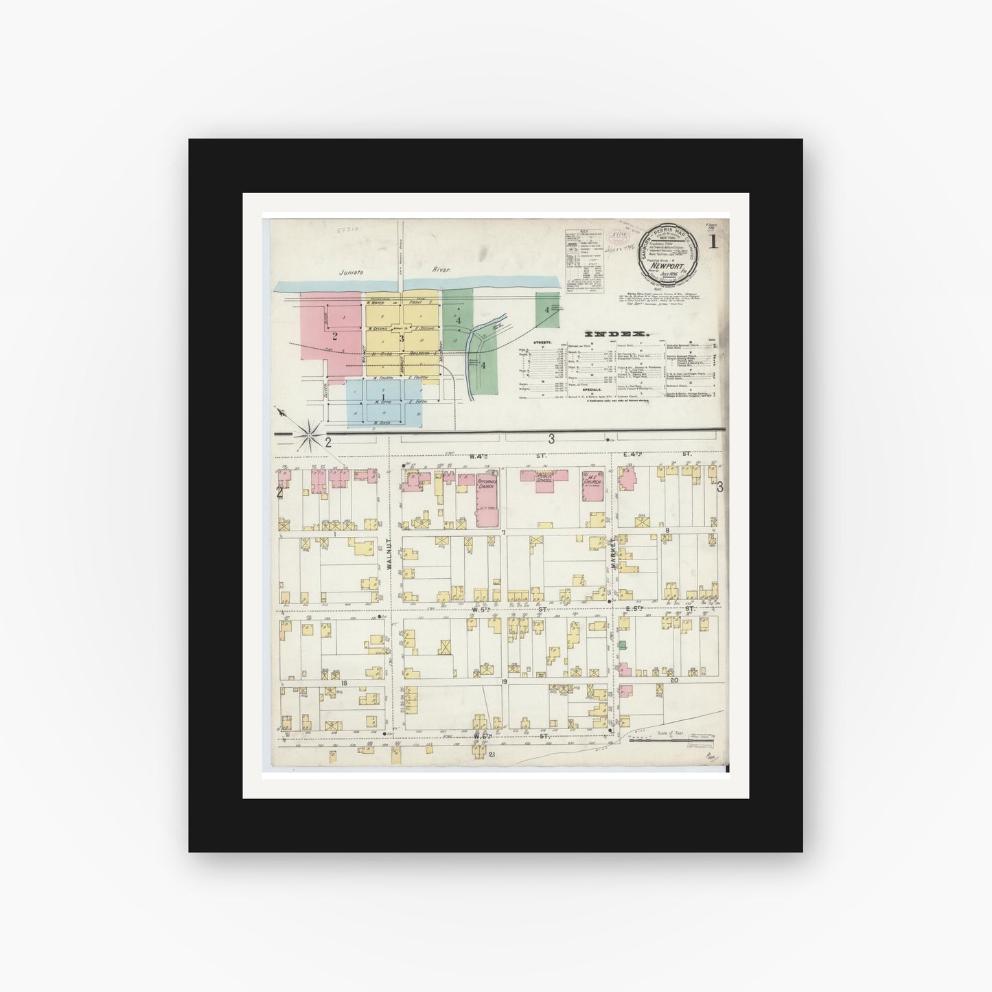 Old map wall art mockup — black gallery frame with white mat — Sanborn Fire Insurance Map from Newport, Perry County, Pennsylvania (1896) - Complete Map Set