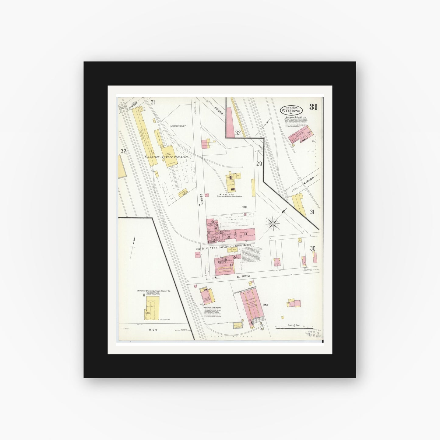 Old map wall art mockup — black gallery frame with white mat — Sanborn Fire Insurance Map from Pottstown, Montgomery County, Pennsylvania (1909), Sheet #0031