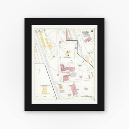 Old map wall art mockup — black gallery frame with white mat — Sanborn Fire Insurance Map from Pottstown, Montgomery County, Pennsylvania (1909), Sheet #0031