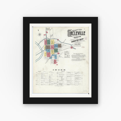 Old map wall art mockup — black gallery frame with white mat — Sanborn Fire Insurance Map from Circleville, Pickaway County, Ohio (1907), Sheet #0001