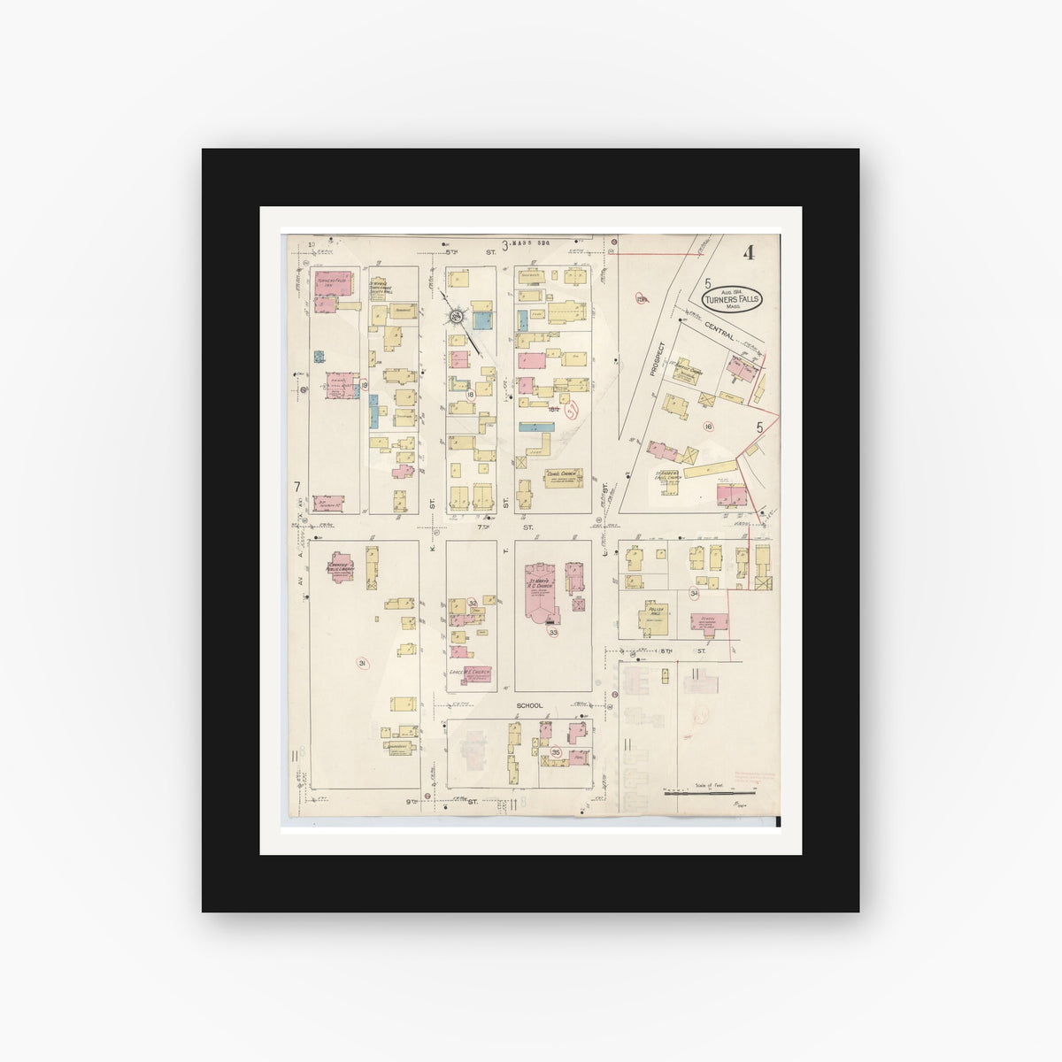 Old map wall art mockup — black gallery frame with white mat — Sanborn Fire Insurance Map from Turners Falls, Franklin County, Massachusetts (1940), Sheet #0004