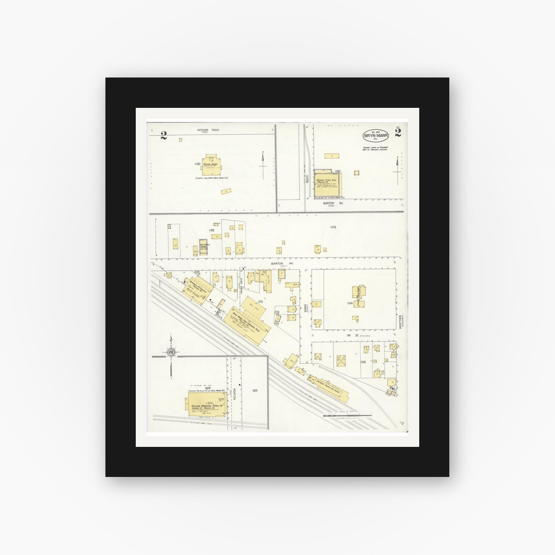 Old map wall art mockup — black gallery frame with white mat — Sanborn Fire Insurance Map from Bryn Mawr, San Bernardino County, California (1928), Sheet #0002