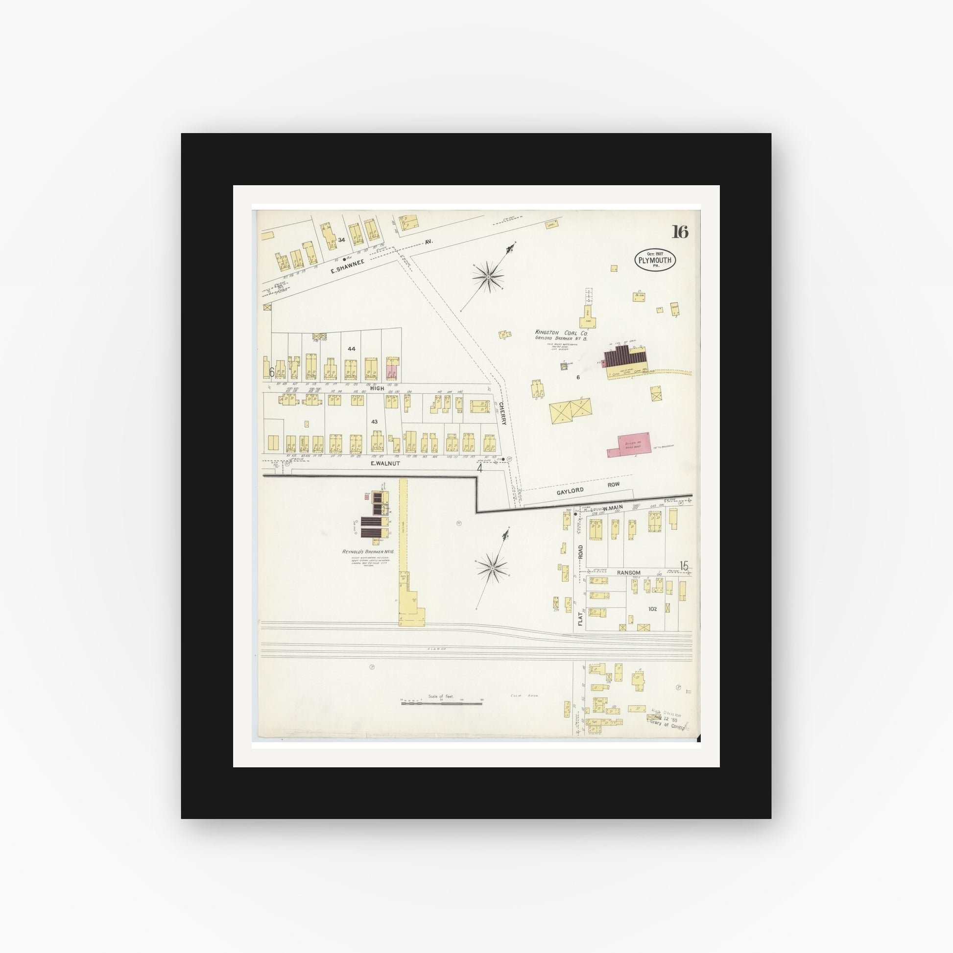 Old map wall art mockup — black gallery frame with white mat — Sanborn Fire Insurance Map from Plymouth, Luzerne County, Pennsylvania (1907), Sheet #0016