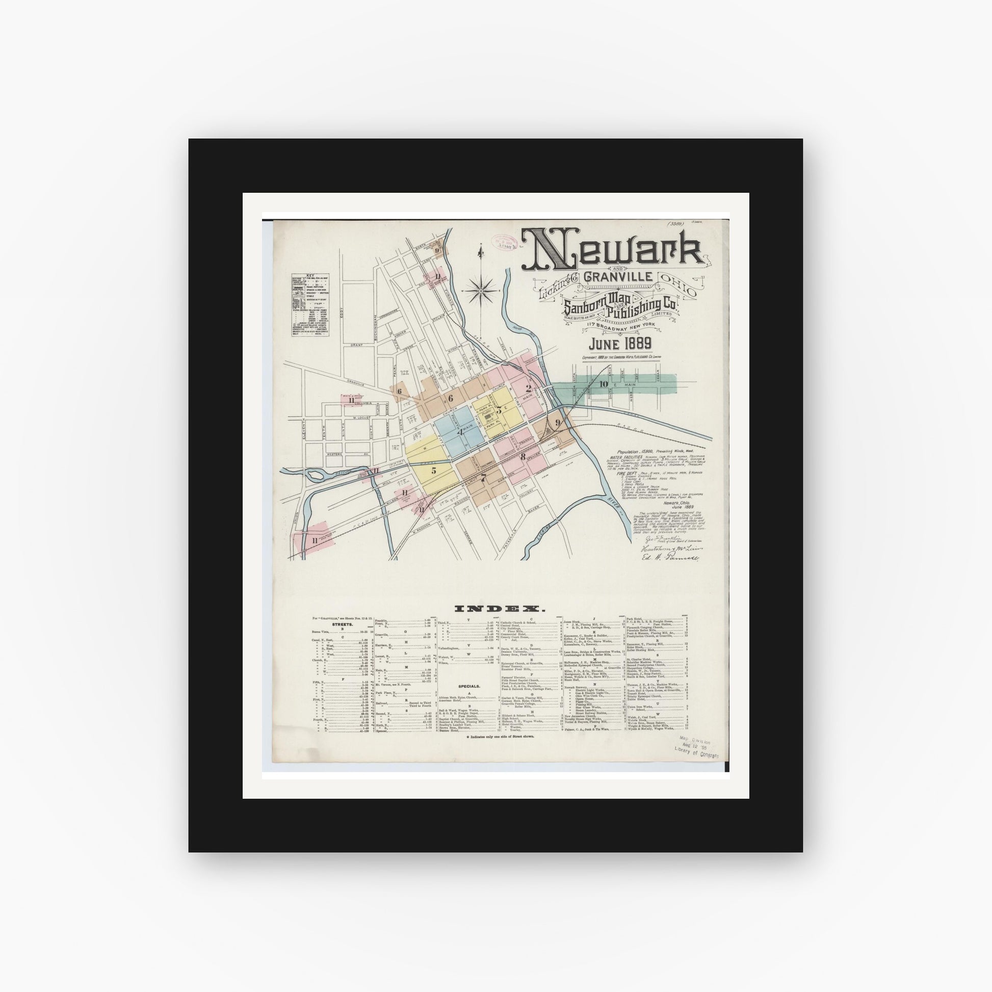 Old map wall art mockup — black gallery frame with white mat — Sanborn Fire Insurance Map from Newark, Licking County, Ohio (1889) - Complete Map Set