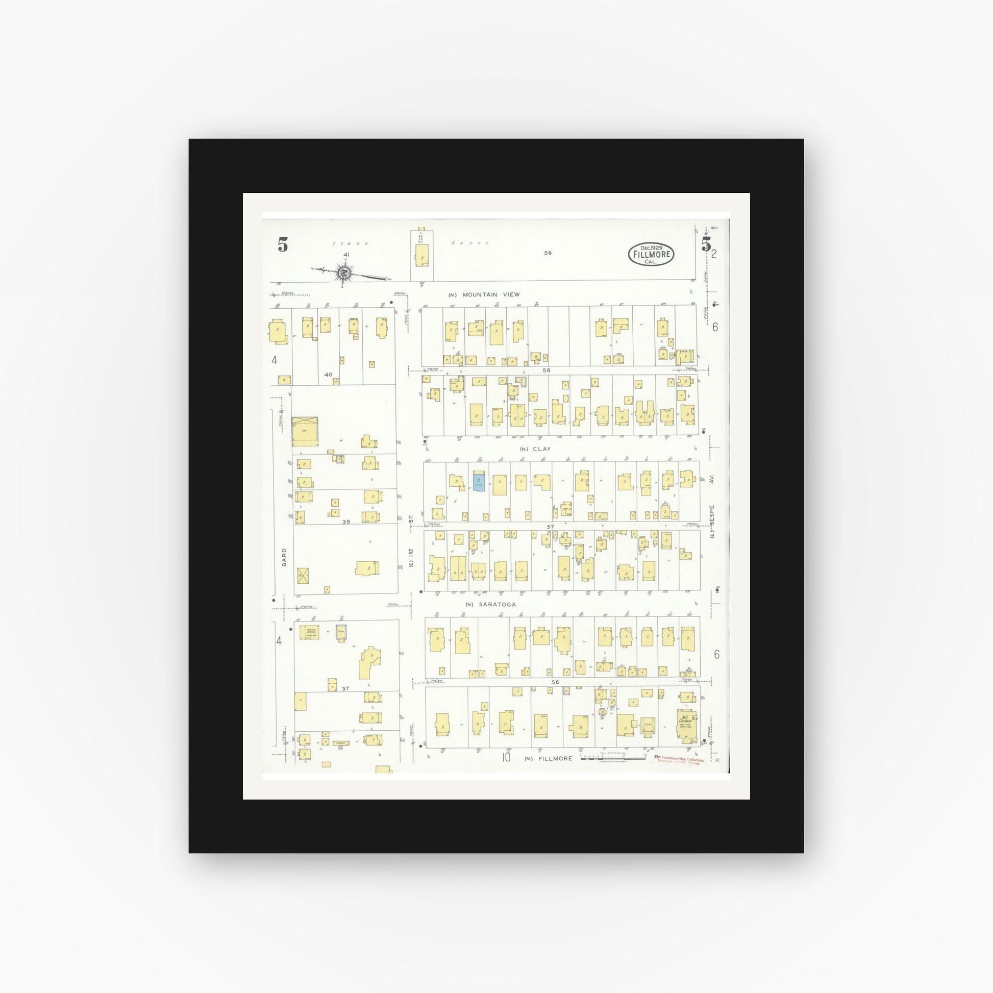 Old map wall art mockup — black gallery frame with white mat — Sanborn Fire Insurance Map from Fillmore, Ventura County, California (1929), Sheet #0005
