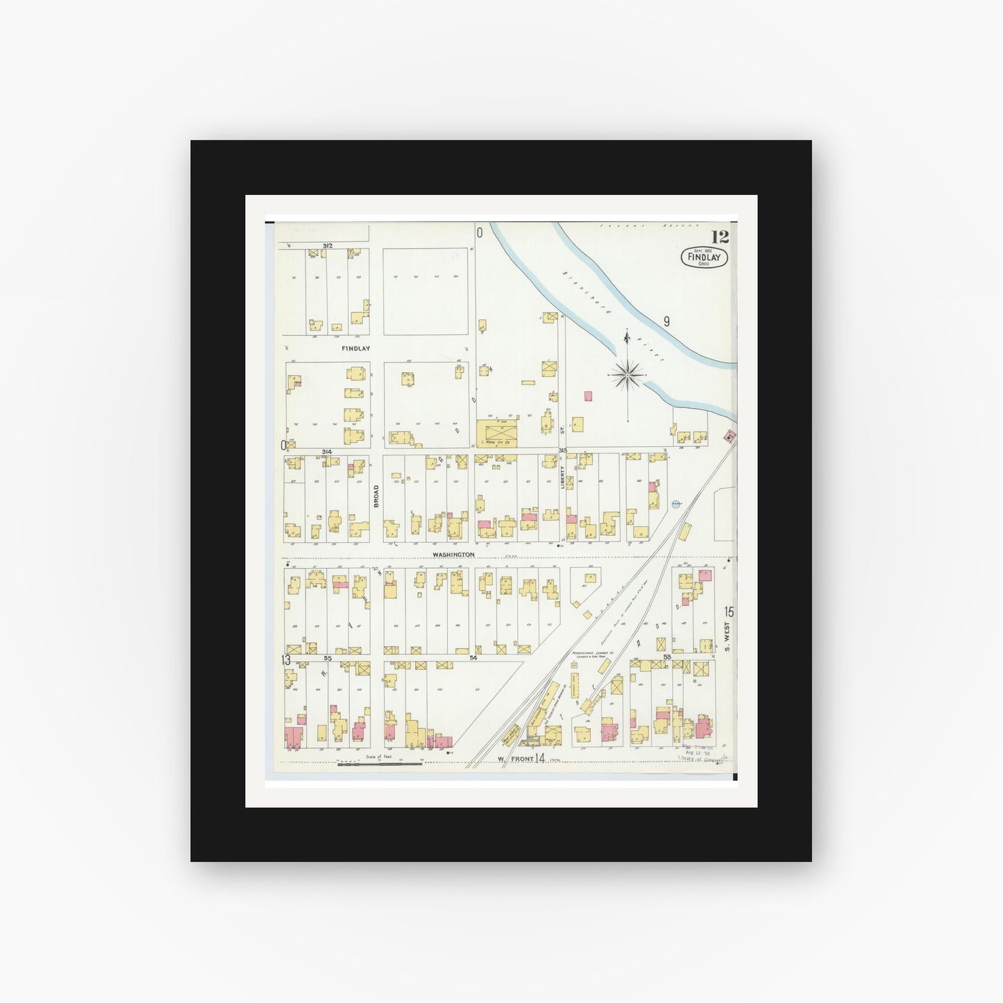 Old map wall art mockup — black gallery frame with white mat — Sanborn Fire Insurance Map from Findlay, Hancock County, Ohio (1901), Sheet #0012