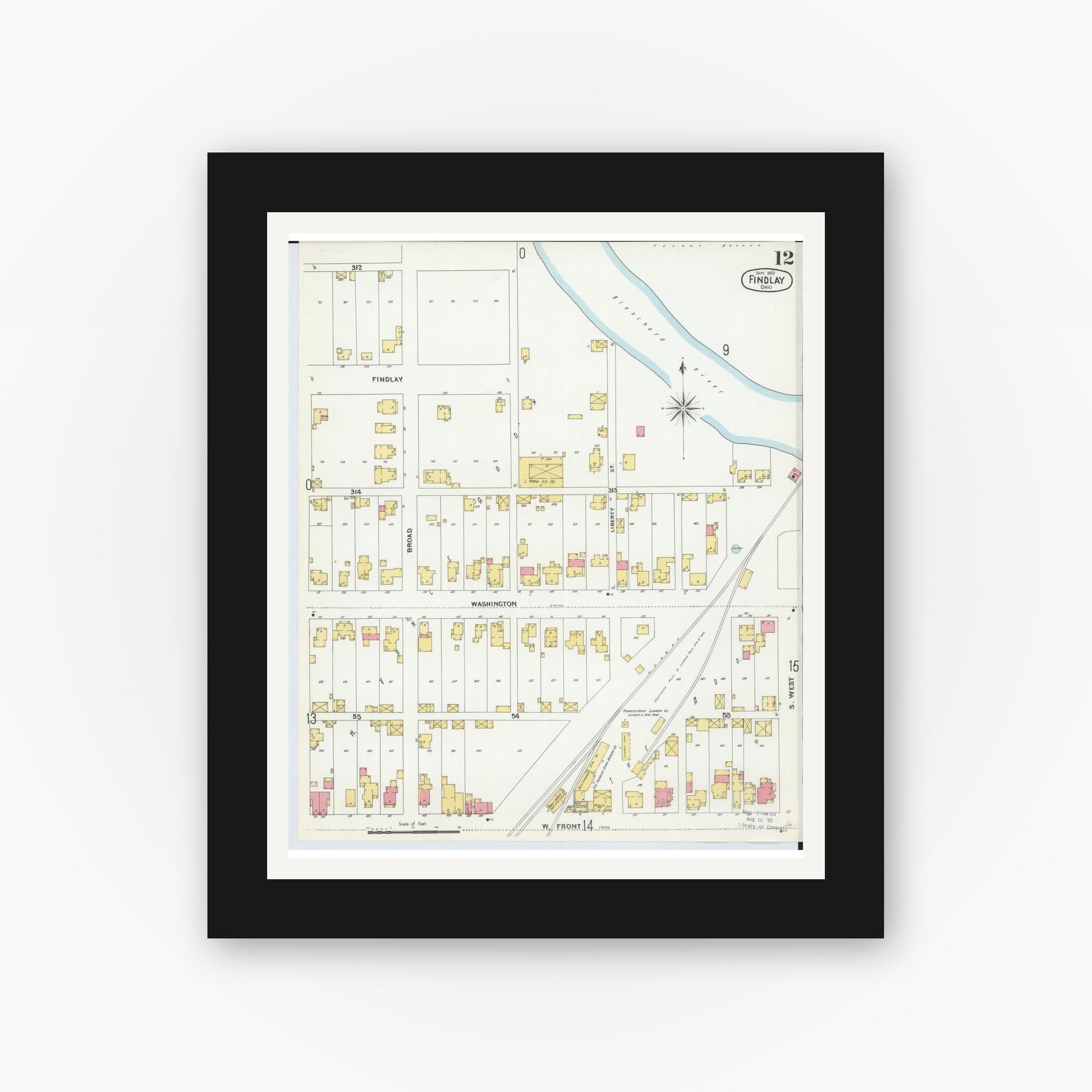 Old map wall art mockup — black gallery frame with white mat — Sanborn Fire Insurance Map from Findlay, Hancock County, Ohio (1901), Sheet #0012