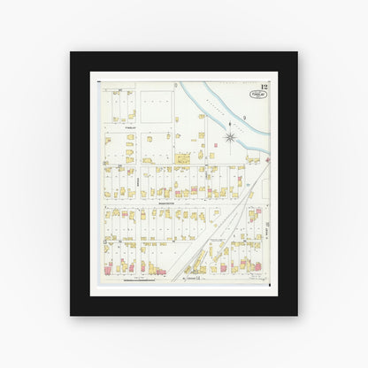 Old map wall art mockup — black gallery frame with white mat — Sanborn Fire Insurance Map from Findlay, Hancock County, Ohio (1901), Sheet #0012