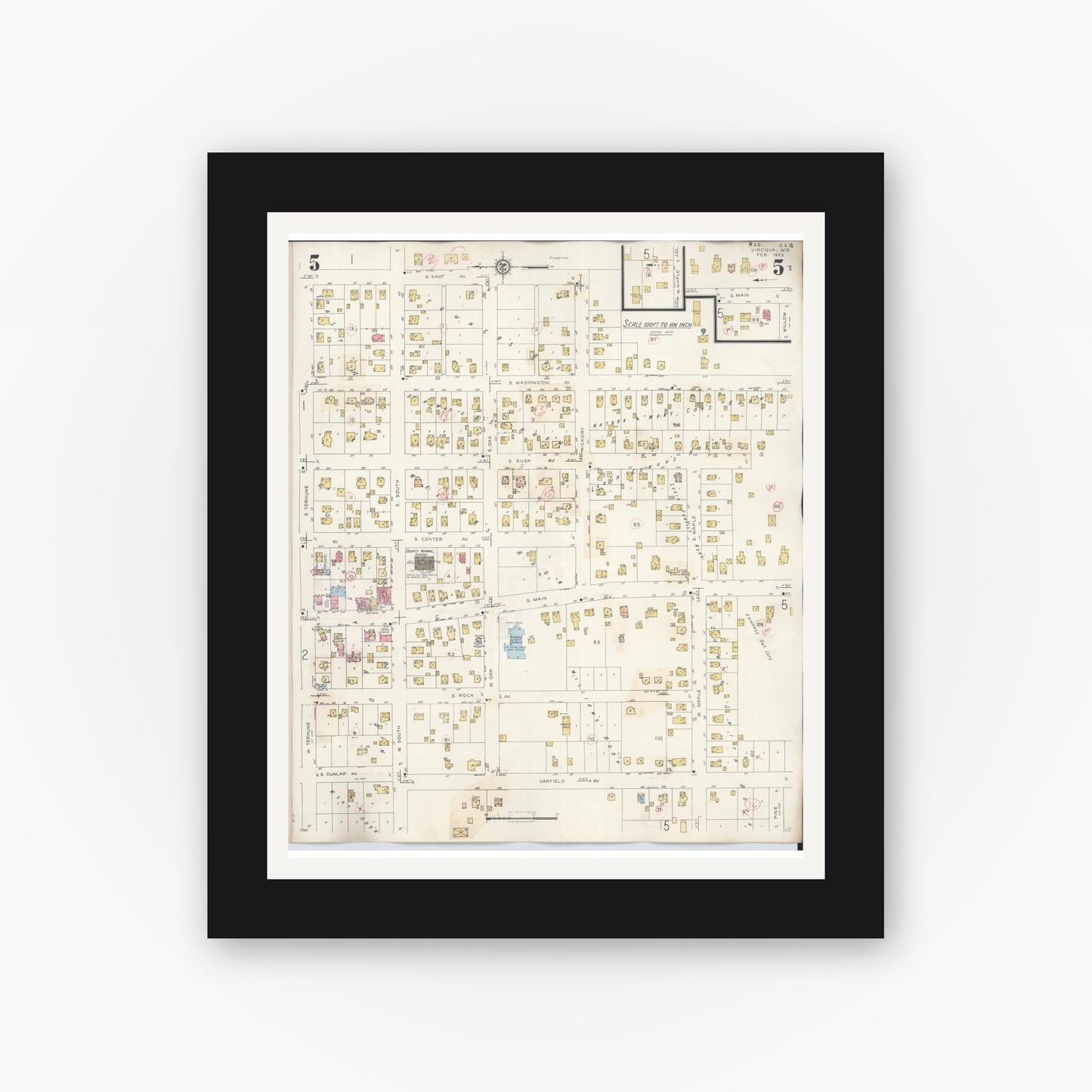 Old map wall art mockup — black gallery frame with white mat — Sanborn Fire Insurance Map from Viroqua, Vernon County, Wisconsin (1949), Sheet #0005