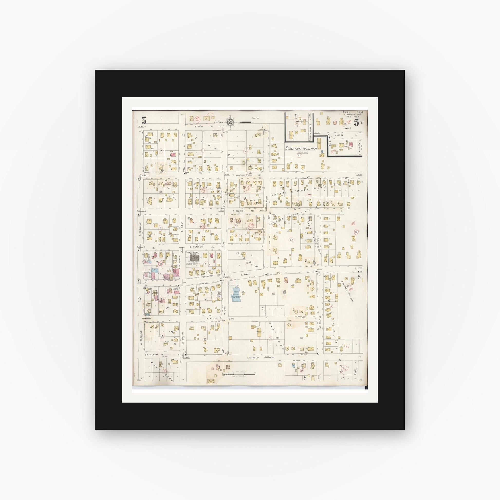 Old map wall art mockup — black gallery frame with white mat — Sanborn Fire Insurance Map from Viroqua, Vernon County, Wisconsin (1949), Sheet #0005
