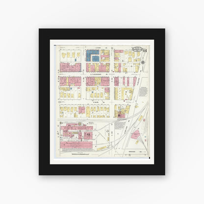 Old map wall art mockup — black gallery frame with white mat — Sanborn Fire Insurance Map from Barberton, Summit County, Ohio (1916), Sheet #0014