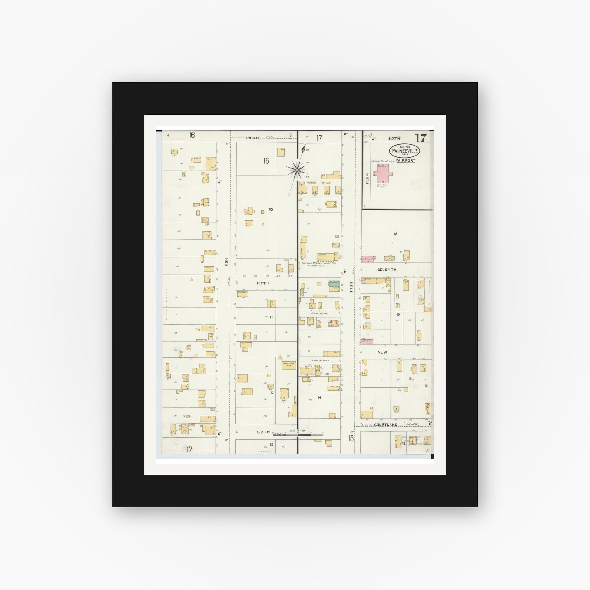Old map wall art mockup — black gallery frame with white mat — Sanborn Fire Insurance Map from Painesville, Lake County, Ohio (1904), Sheet #0017