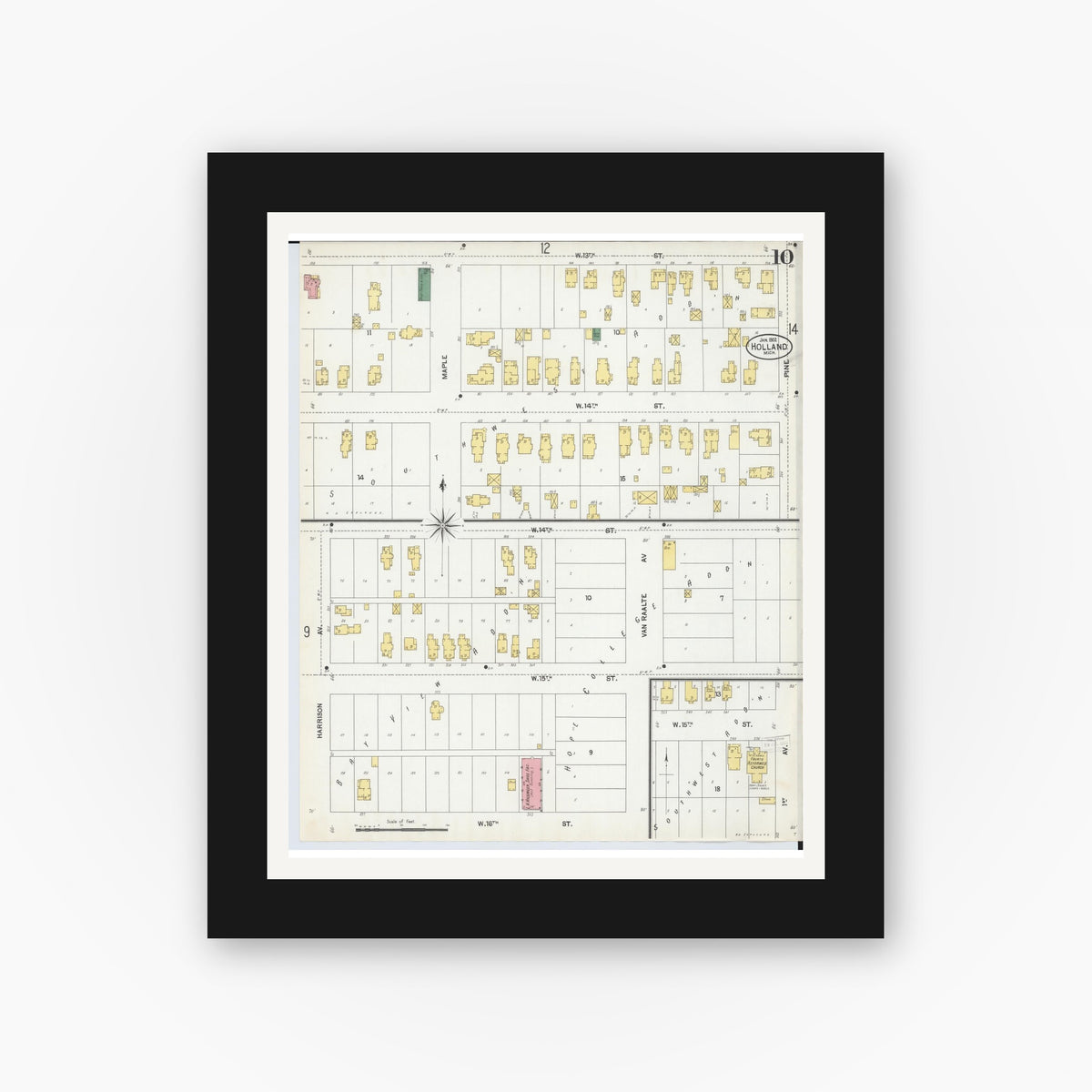 Old map wall art mockup — black gallery frame with white mat — Sanborn Fire Insurance Map from Holland, Ottawa County, Michigan (1902), Sheet #0010