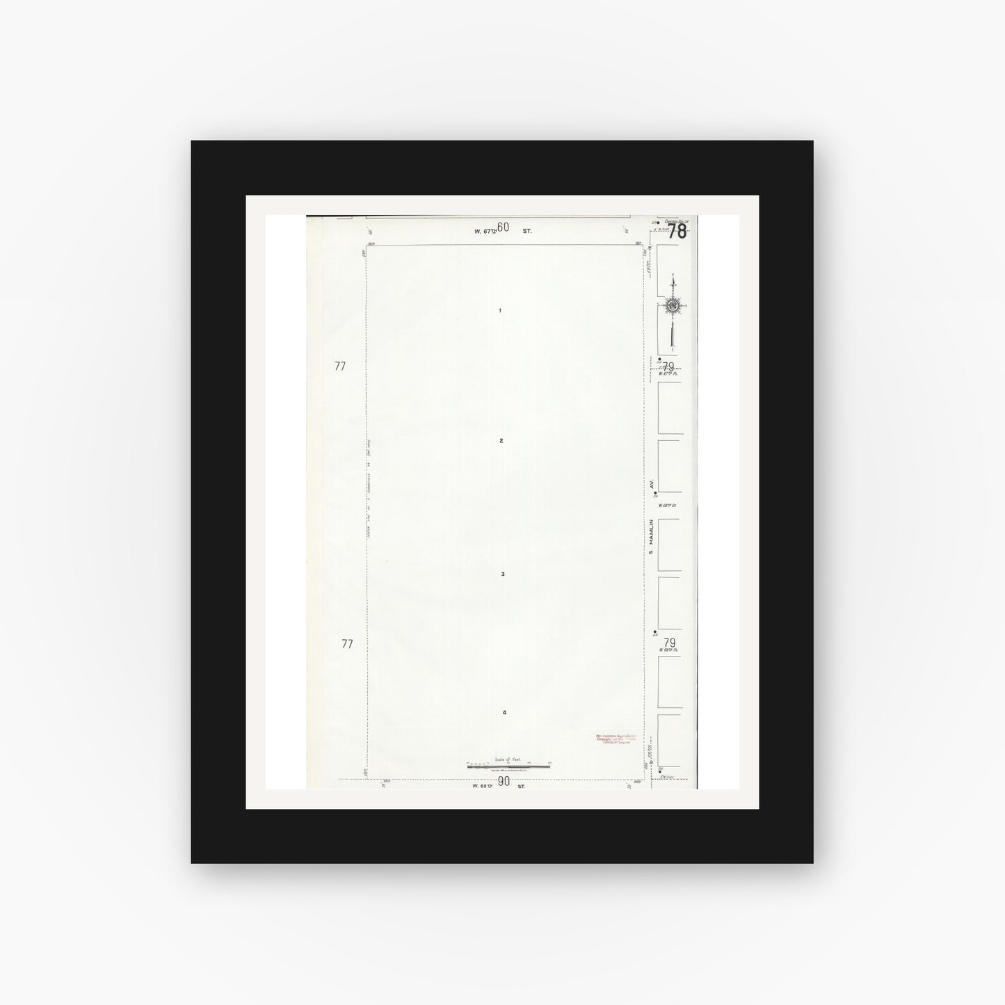 Old map wall art mockup — black gallery frame with white mat — Sanborn Fire Insurance Map from Chicago, Cook County, Illinois (1920), Sheet #0078