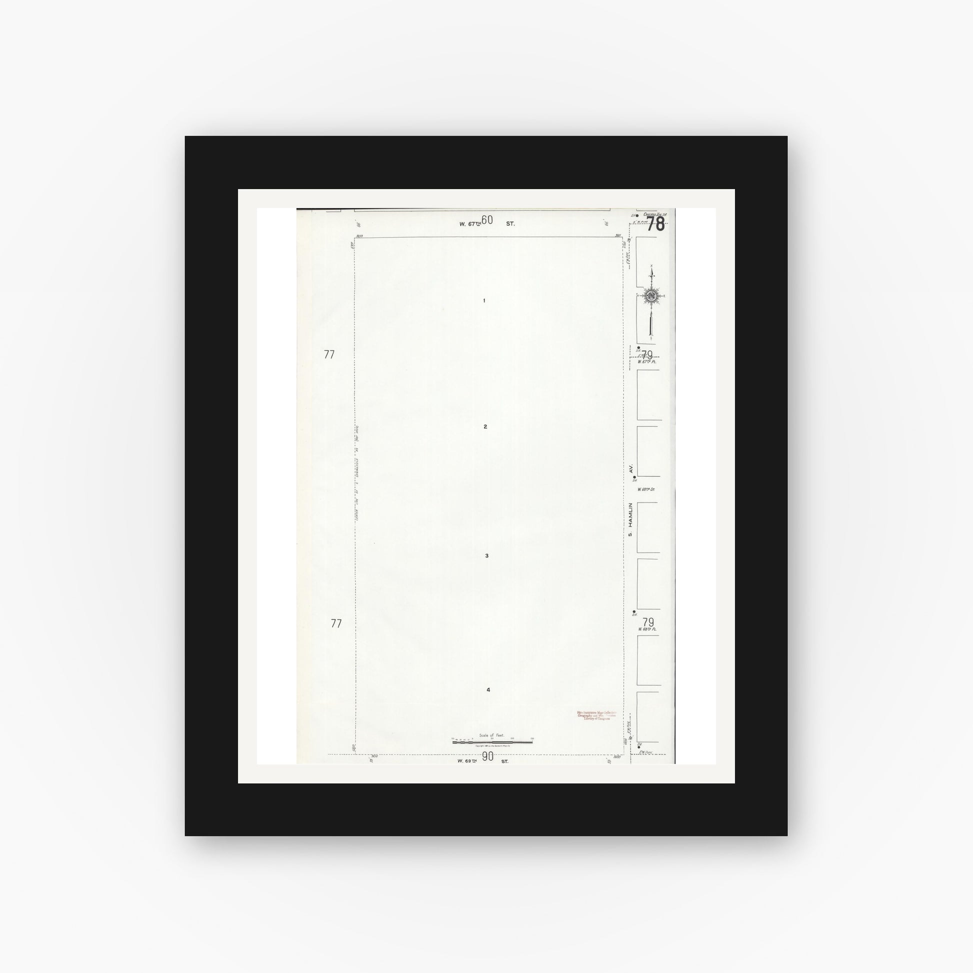 Old map wall art mockup — black gallery frame with white mat — Sanborn Fire Insurance Map from Chicago, Cook County, Illinois (1920), Sheet #0078