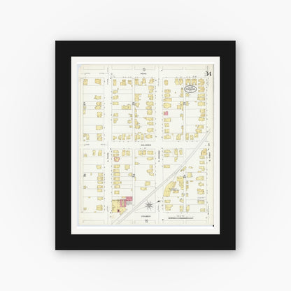 Old map wall art mockup — black gallery frame with white mat — Sanborn Fire Insurance Map from Corning, Steuben County, New York (1908), Sheet #0014