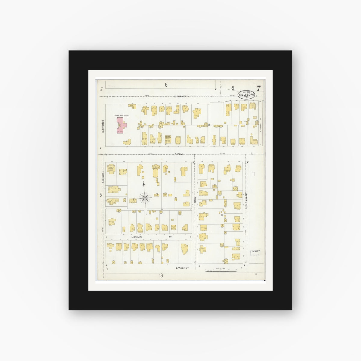 Old map wall art mockup — black gallery frame with white mat — Sanborn Fire Insurance Map from Hillsboro, Hill County, Texas (1905), Sheet #0007