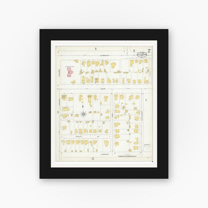 Old map wall art mockup — black gallery frame with white mat — Sanborn Fire Insurance Map from Hillsboro, Hill County, Texas (1905), Sheet #0007