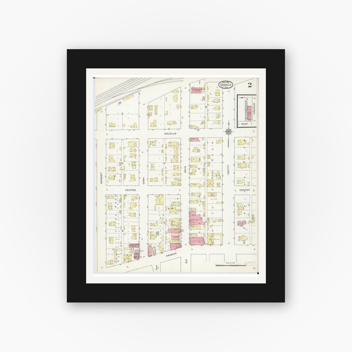 Old map wall art mockup — black gallery frame with white mat — Sanborn Fire Insurance Map from Seneca, La Salle County, Illinois (1913), Sheet #0002