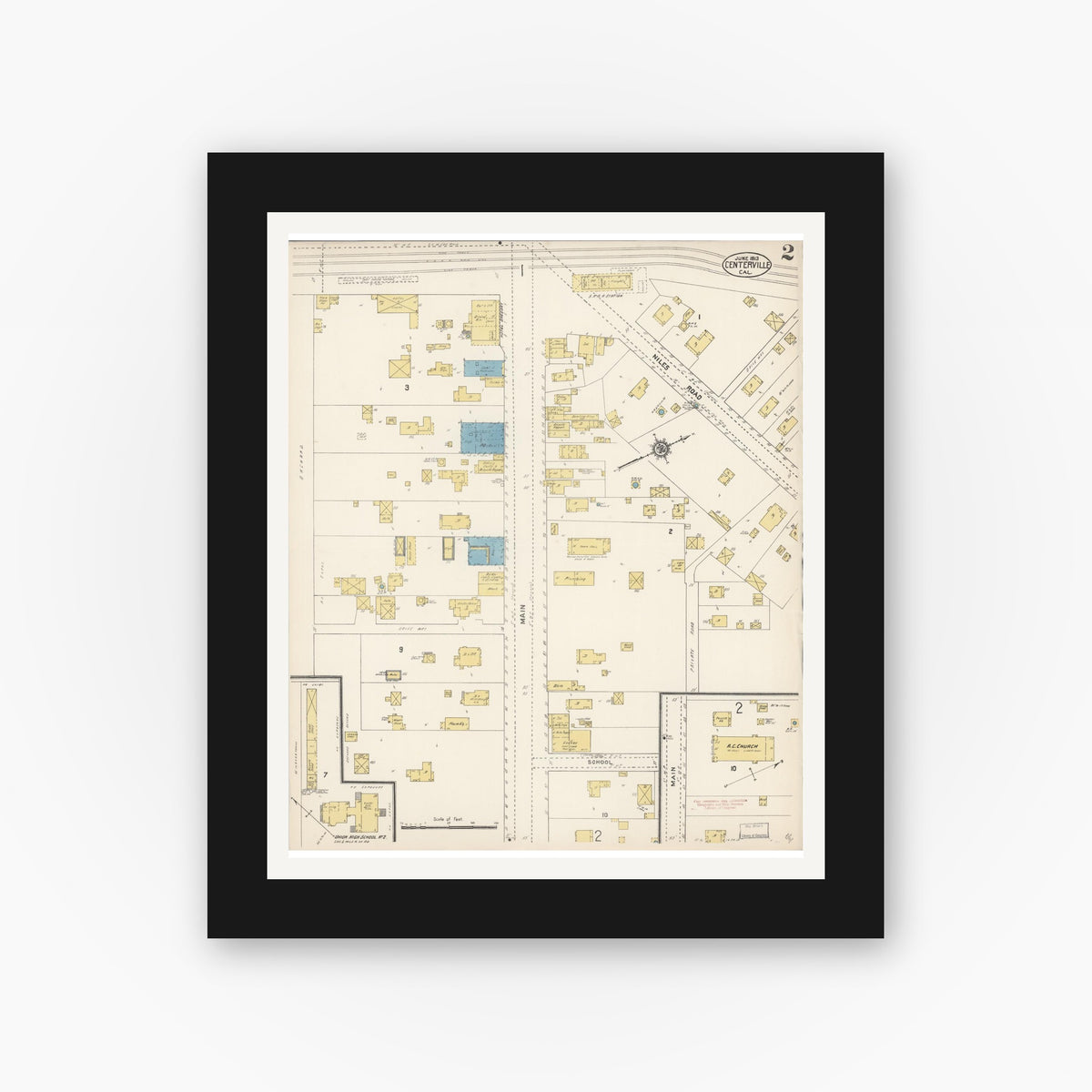 Old map wall art mockup — black gallery frame with white mat — Sanborn Fire Insurance Map from Centerville, Alameda County, California (1913), Sheet #0002
