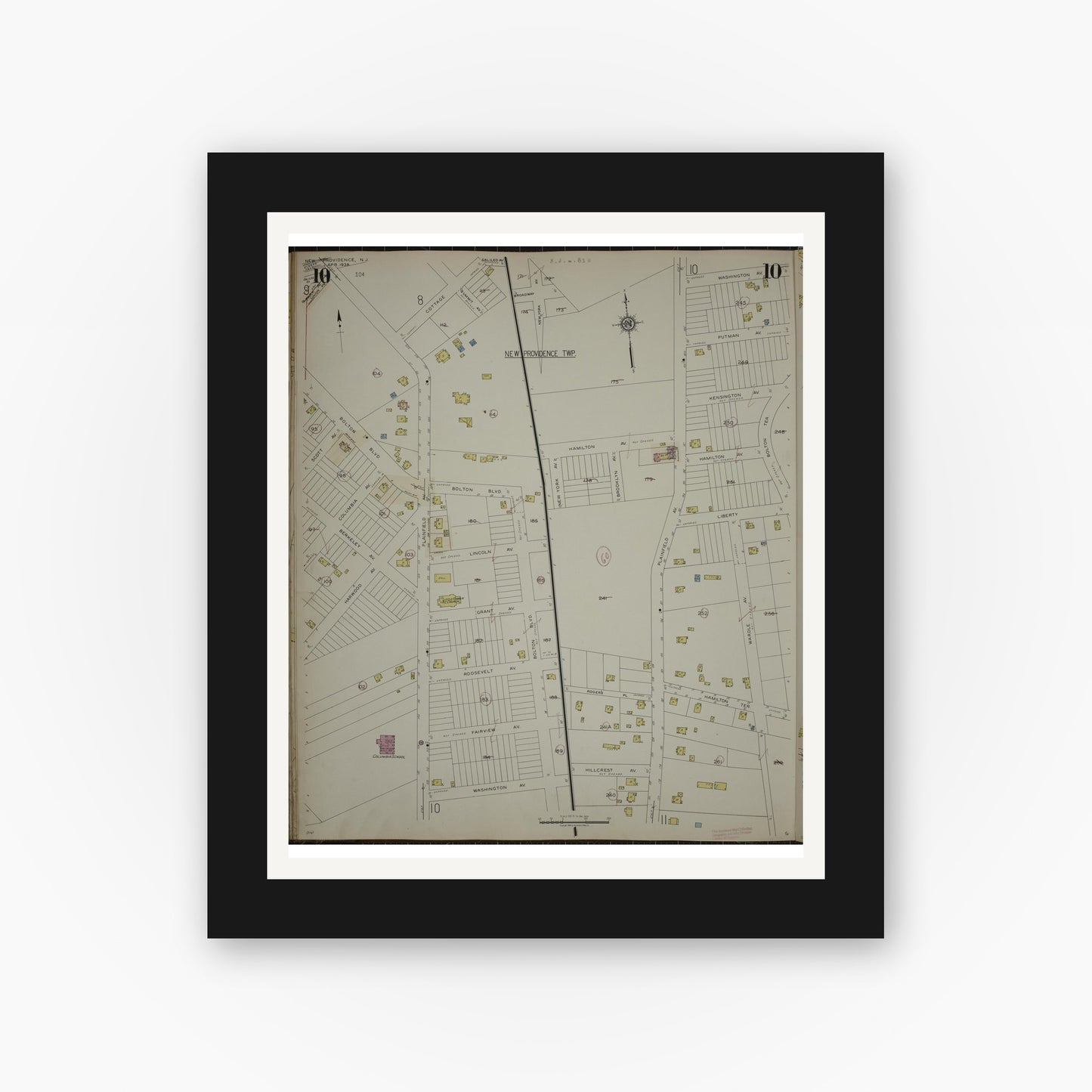 Old map wall art mockup — black gallery frame with white mat — Sanborn Fire Insurance Map from New Providence, Union County, New Jersey (1944), Sheet #0010