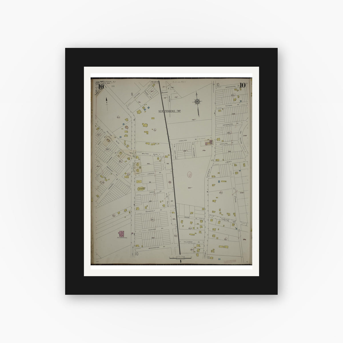 Old map wall art mockup — black gallery frame with white mat — Sanborn Fire Insurance Map from New Providence, Union County, New Jersey (1944), Sheet #0010
