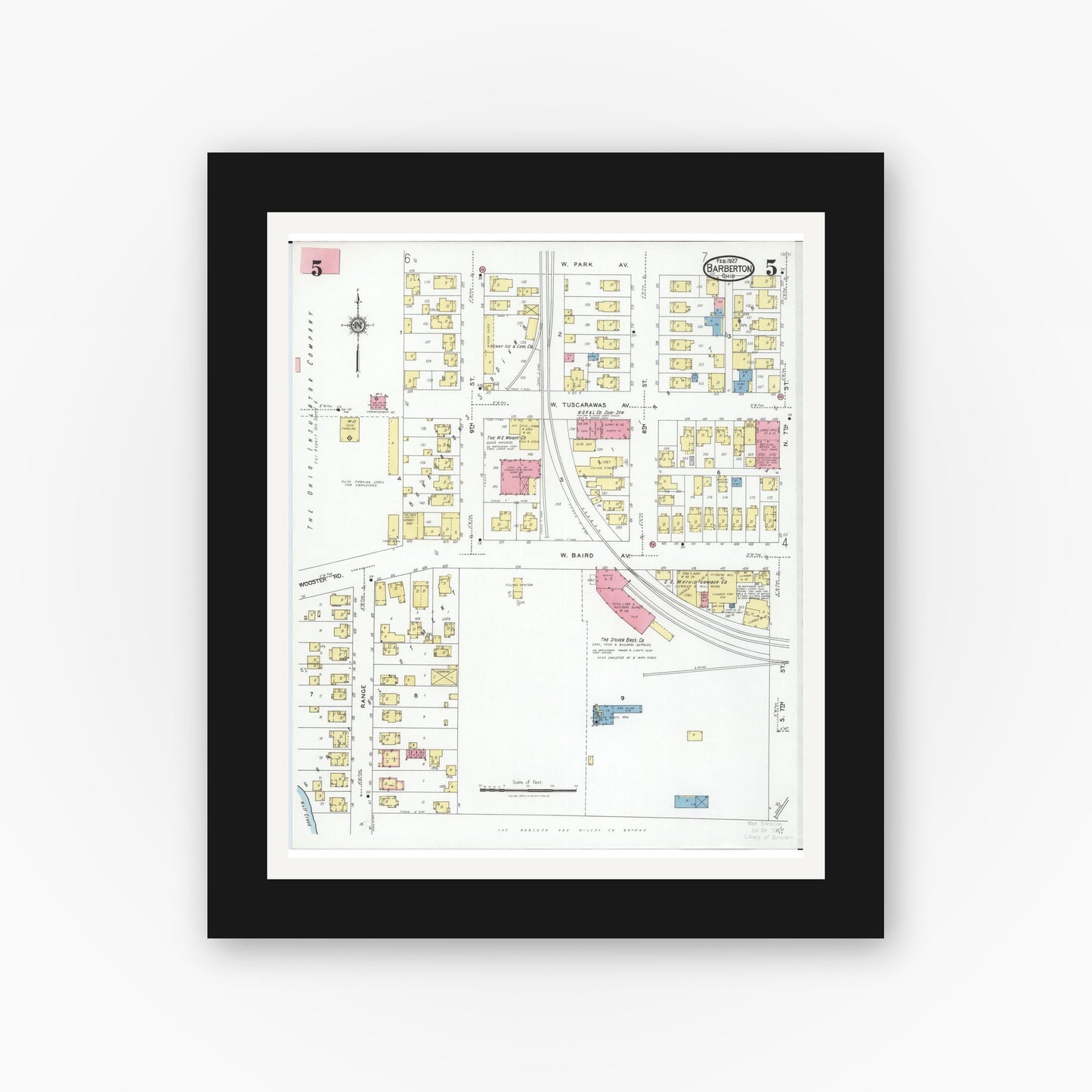 Old map wall art mockup — black gallery frame with white mat — Sanborn Fire Insurance Map from Barberton, Summit County, Ohio (1927), Sheet #0005