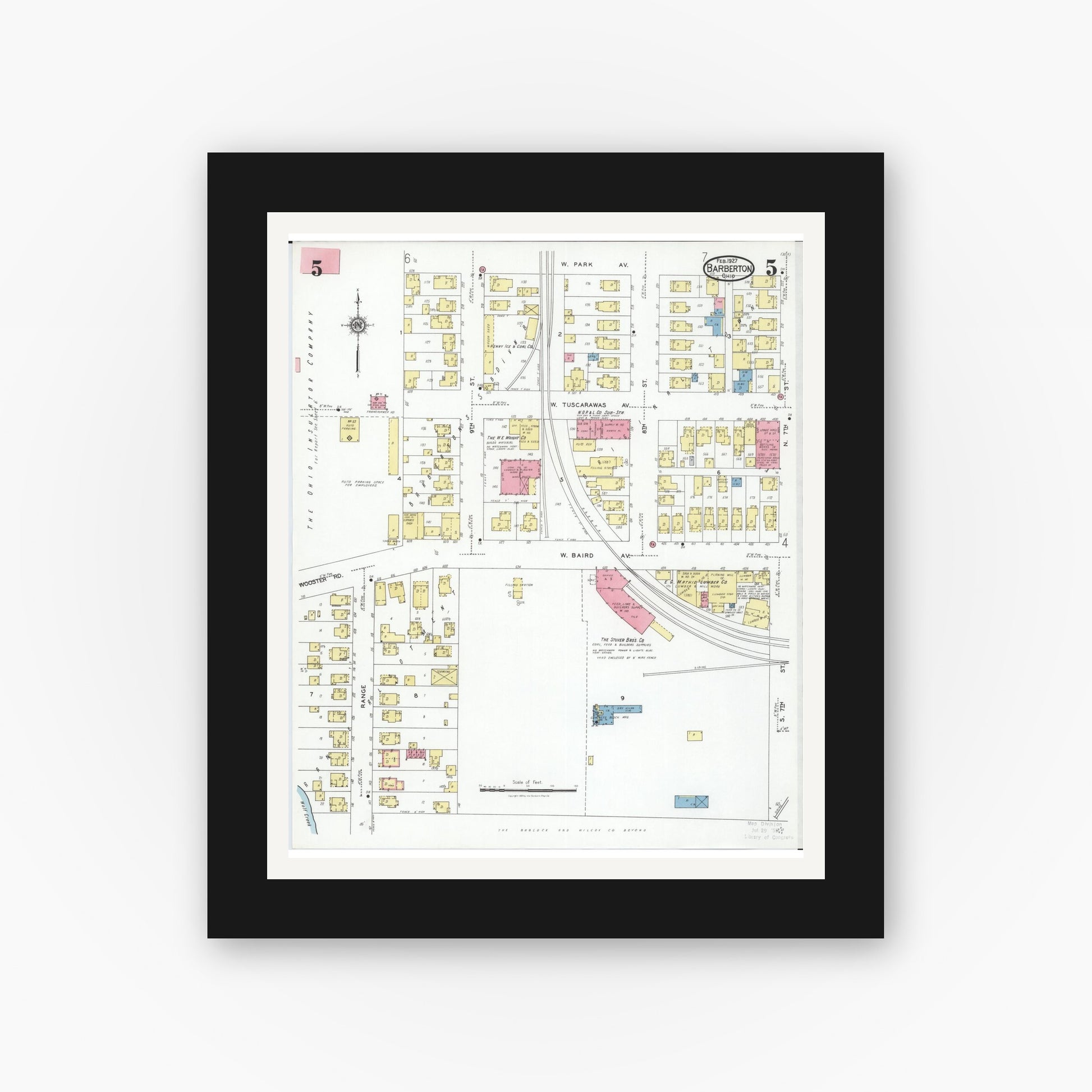 Old map wall art mockup — black gallery frame with white mat — Sanborn Fire Insurance Map from Barberton, Summit County, Ohio (1927), Sheet #0005
