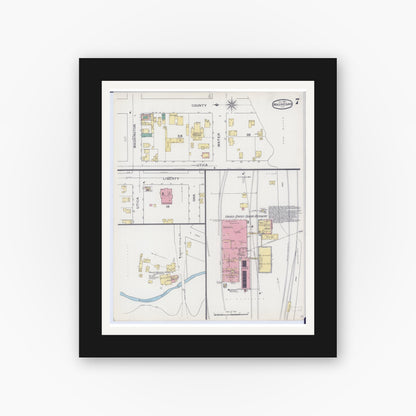 Old map wall art mockup — black gallery frame with white mat — Sanborn Fire Insurance Map from Waukegan, Lake County, Illinois (1894), Sheet #0007