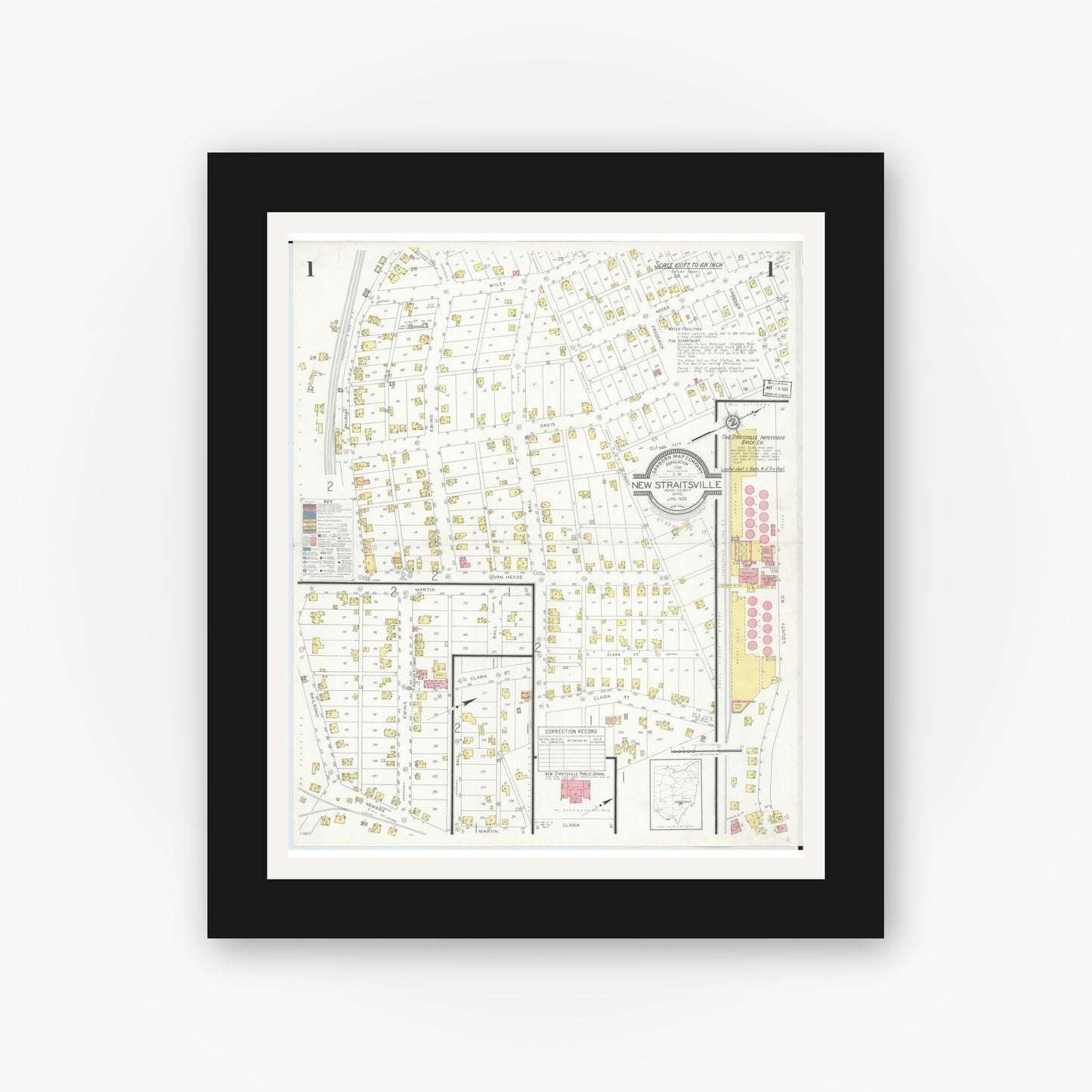 Old map wall art mockup — black gallery frame with white mat — Sanborn Fire Insurance Map from New Straitsville, Perry County, Ohio (1933), Sheet #0001