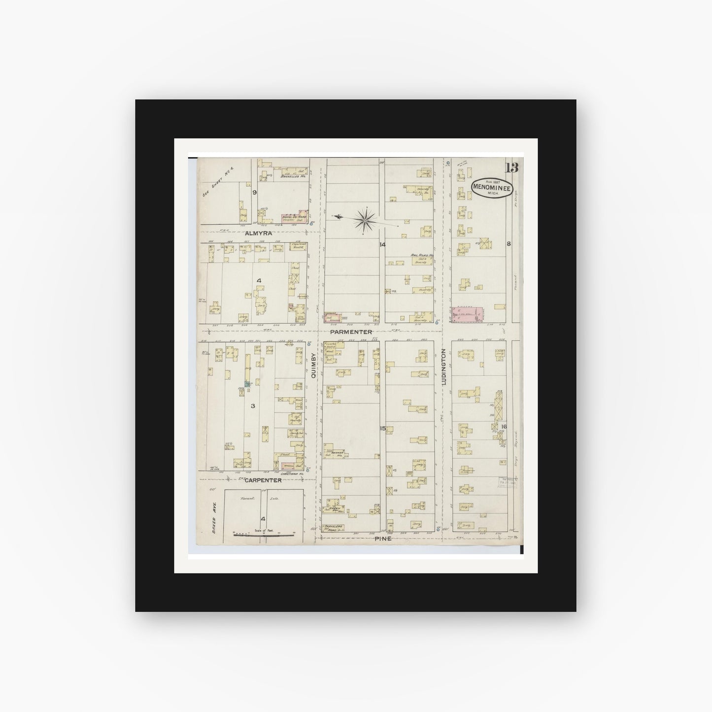 Old map wall art mockup — black gallery frame with white mat — Sanborn Fire Insurance Map from Menominee, Menominee County, Michigan (1887), Sheet #0013