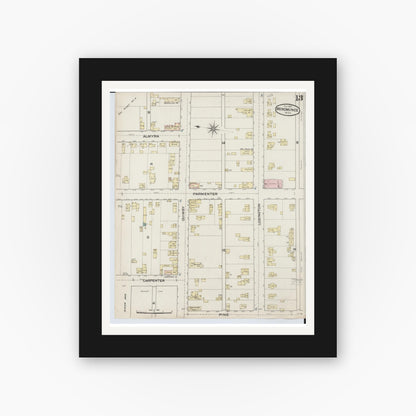 Old map wall art mockup — black gallery frame with white mat — Sanborn Fire Insurance Map from Menominee, Menominee County, Michigan (1887), Sheet #0013