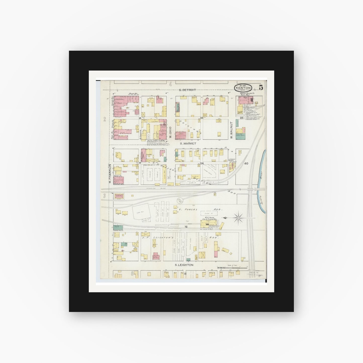 Old map wall art mockup — black gallery frame with white mat — Sanborn Fire Insurance Map from Kenton, Hardin County, Ohio (1892), Sheet #0005