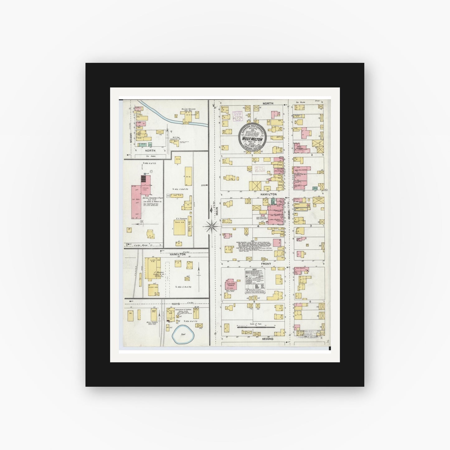Old map wall art mockup — black gallery frame with white mat — Sanborn Fire Insurance Map from West Milton, Miami County, Ohio (1905), Sheet #0001