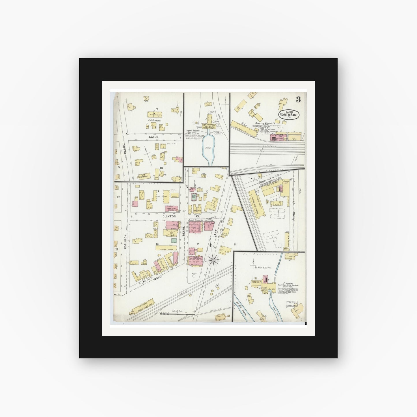 Old map wall art mockup — black gallery frame with white mat — Sanborn Fire Insurance Map from North East, Erie County, Pennsylvania (1896), Sheet #0003