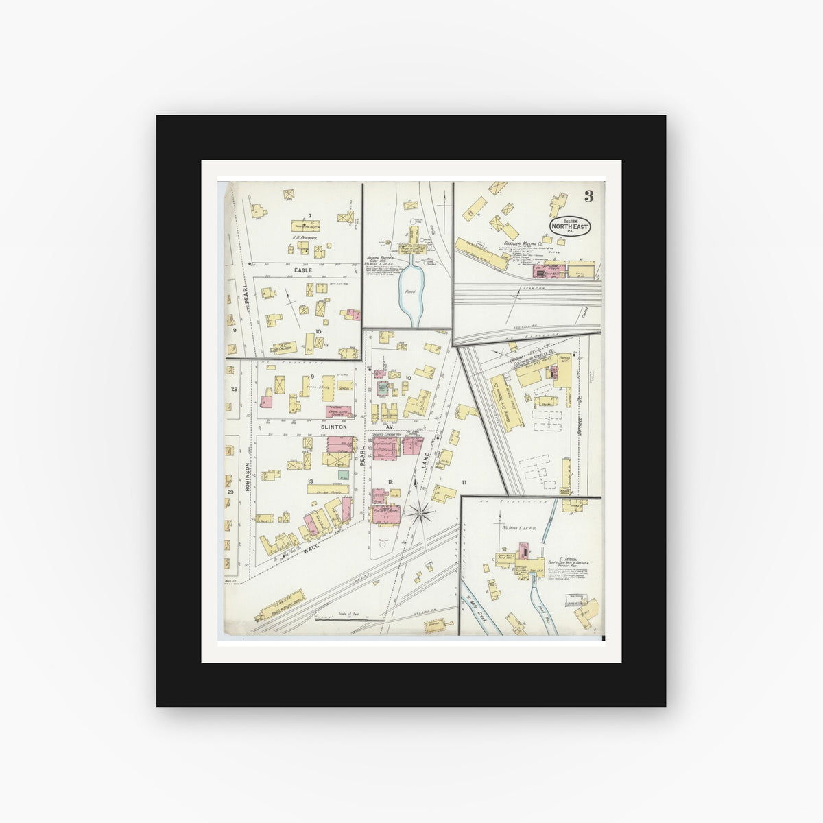 Old map wall art mockup — black gallery frame with white mat — Sanborn Fire Insurance Map from North East, Erie County, Pennsylvania (1896), Sheet #0003