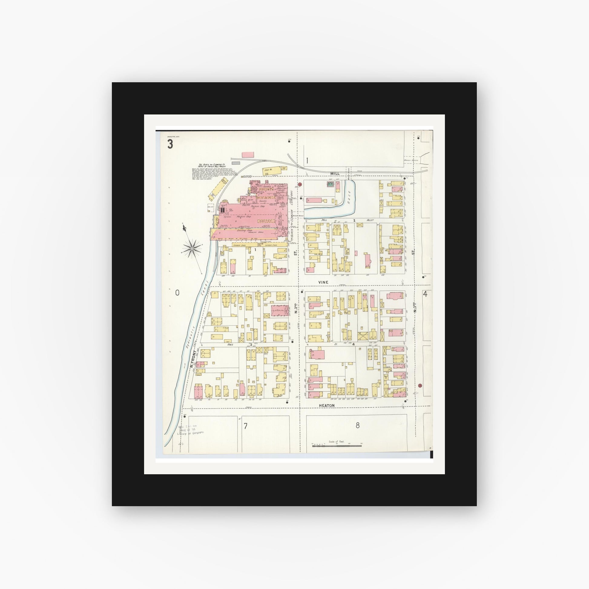 Old map wall art mockup — black gallery frame with white mat — Sanborn Fire Insurance Map from Hamilton, Butler County, Ohio (1899), Sheet #0003