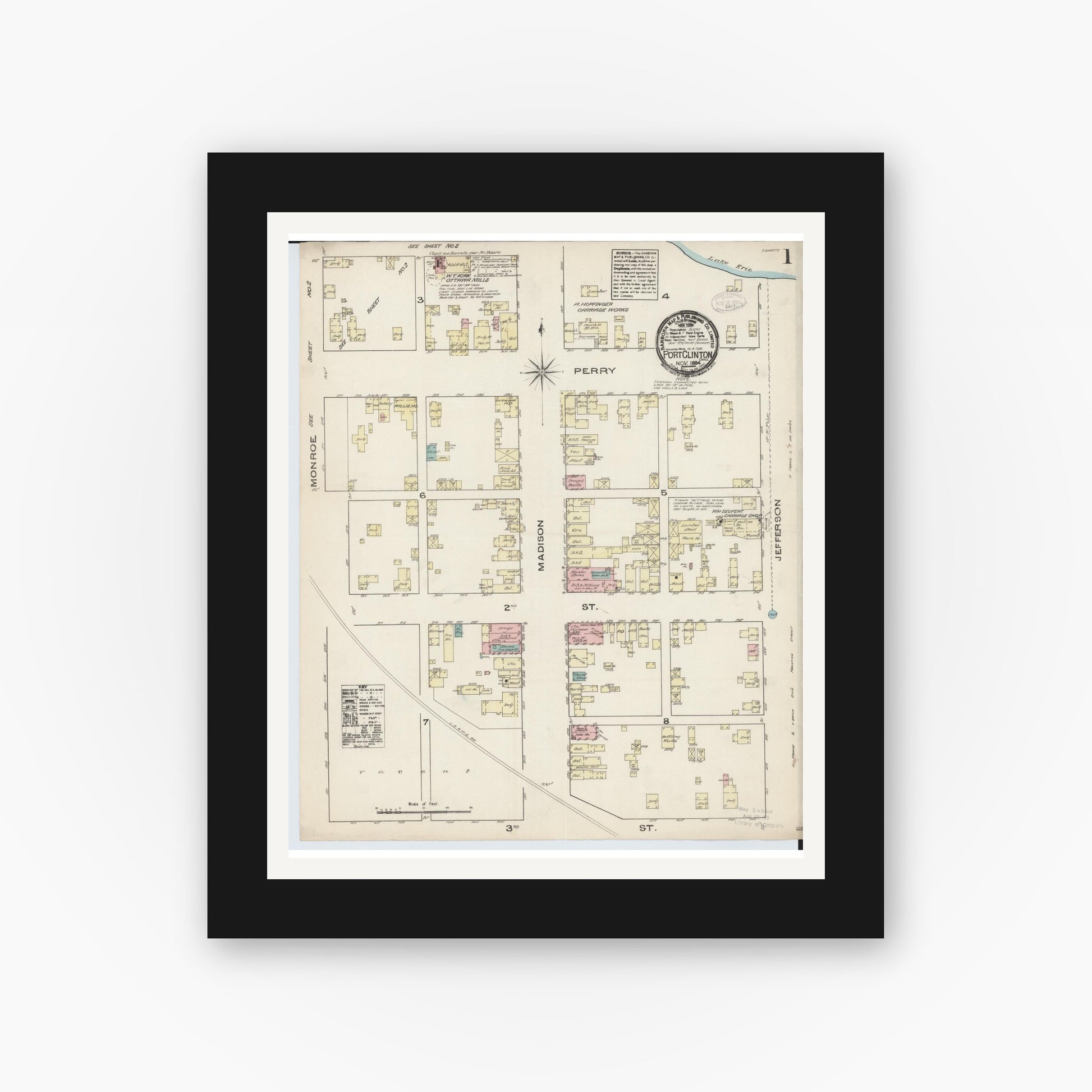 Old map wall art mockup — black gallery frame with white mat — Sanborn Fire Insurance Map from Port Clinton, Ottawa County, Ohio (1884), Sheet #0001