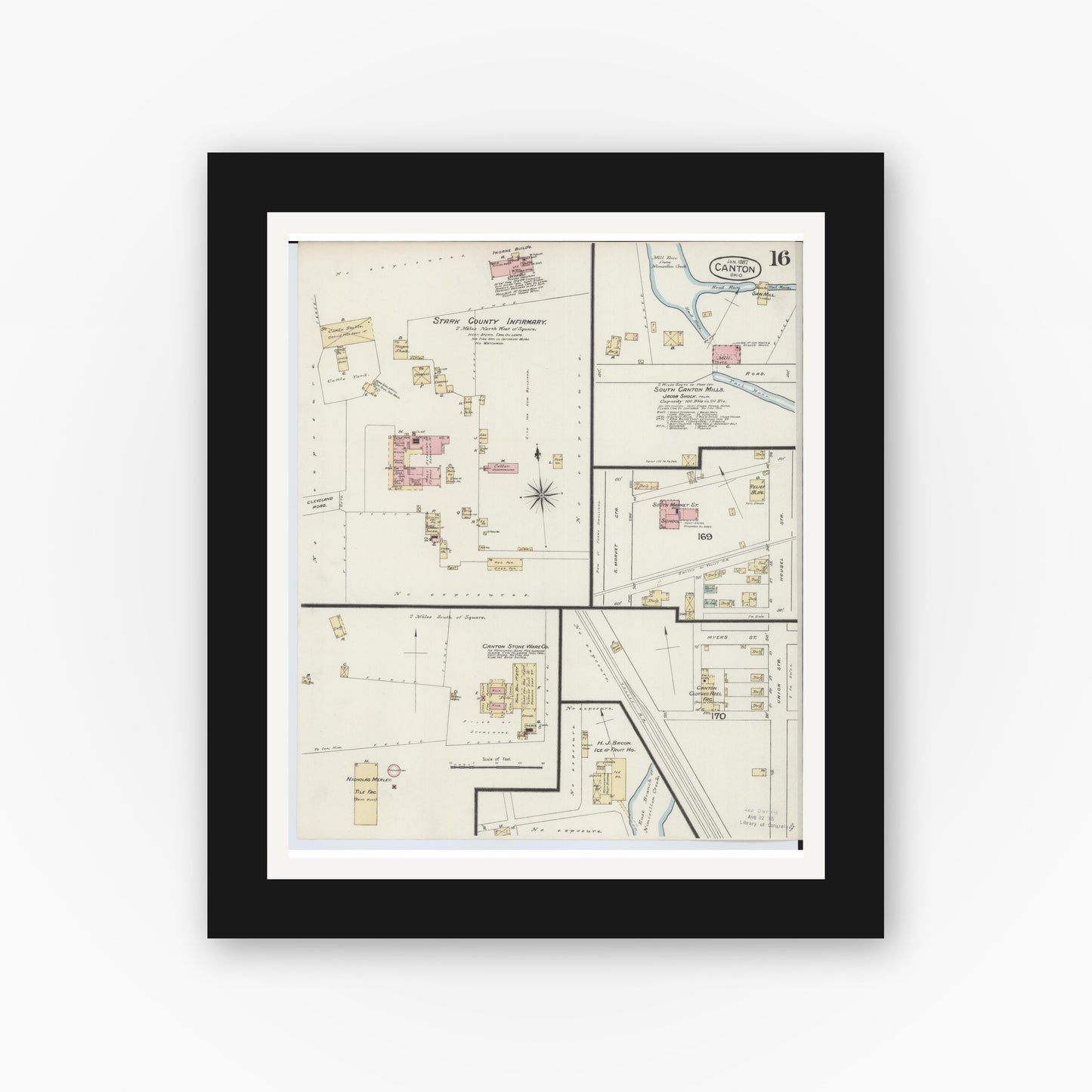 Old map wall art mockup — black gallery frame with white mat — Sanborn Fire Insurance Map from Canton, Stark County, Ohio (1887), Sheet #0016