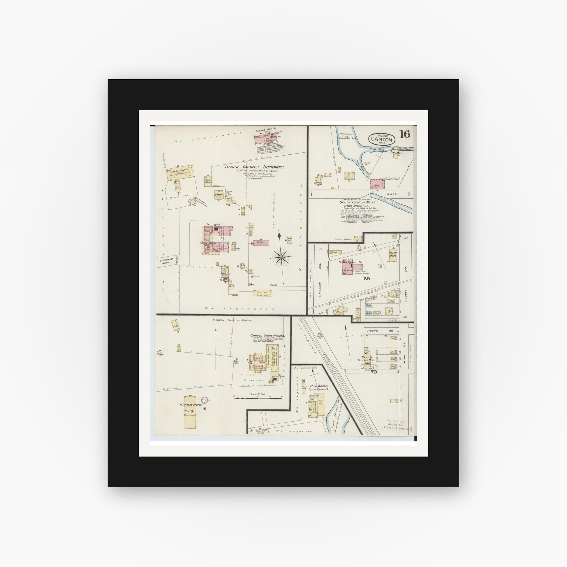 Old map wall art mockup — black gallery frame with white mat — Sanborn Fire Insurance Map from Canton, Stark County, Ohio (1887), Sheet #0016