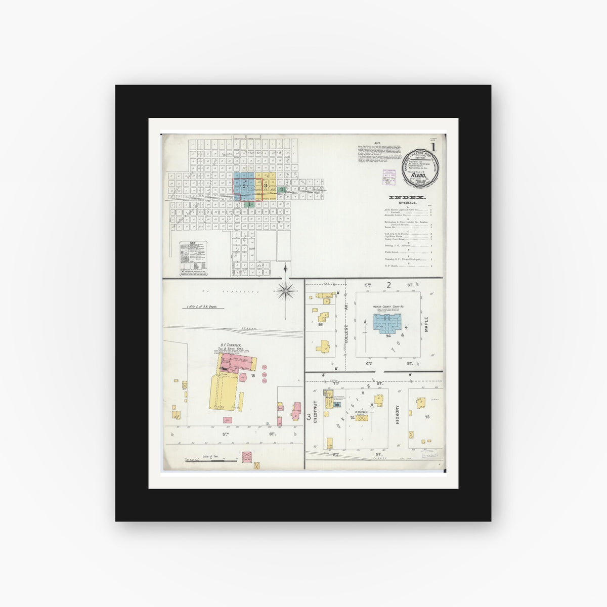 Old map wall art mockup — black gallery frame with white mat — Sanborn Fire Insurance Map from Aledo, Mercer County, Illinois (1901) - Complete Map Set