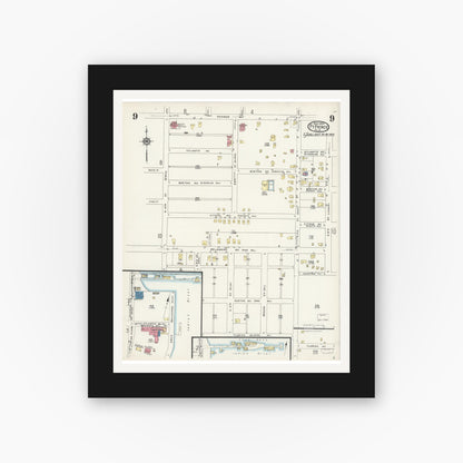 Old map wall art mockup — black gallery frame with white mat — Sanborn Fire Insurance Map from Fort Pierce, St Lucie County, Florida (1924), Sheet #0009