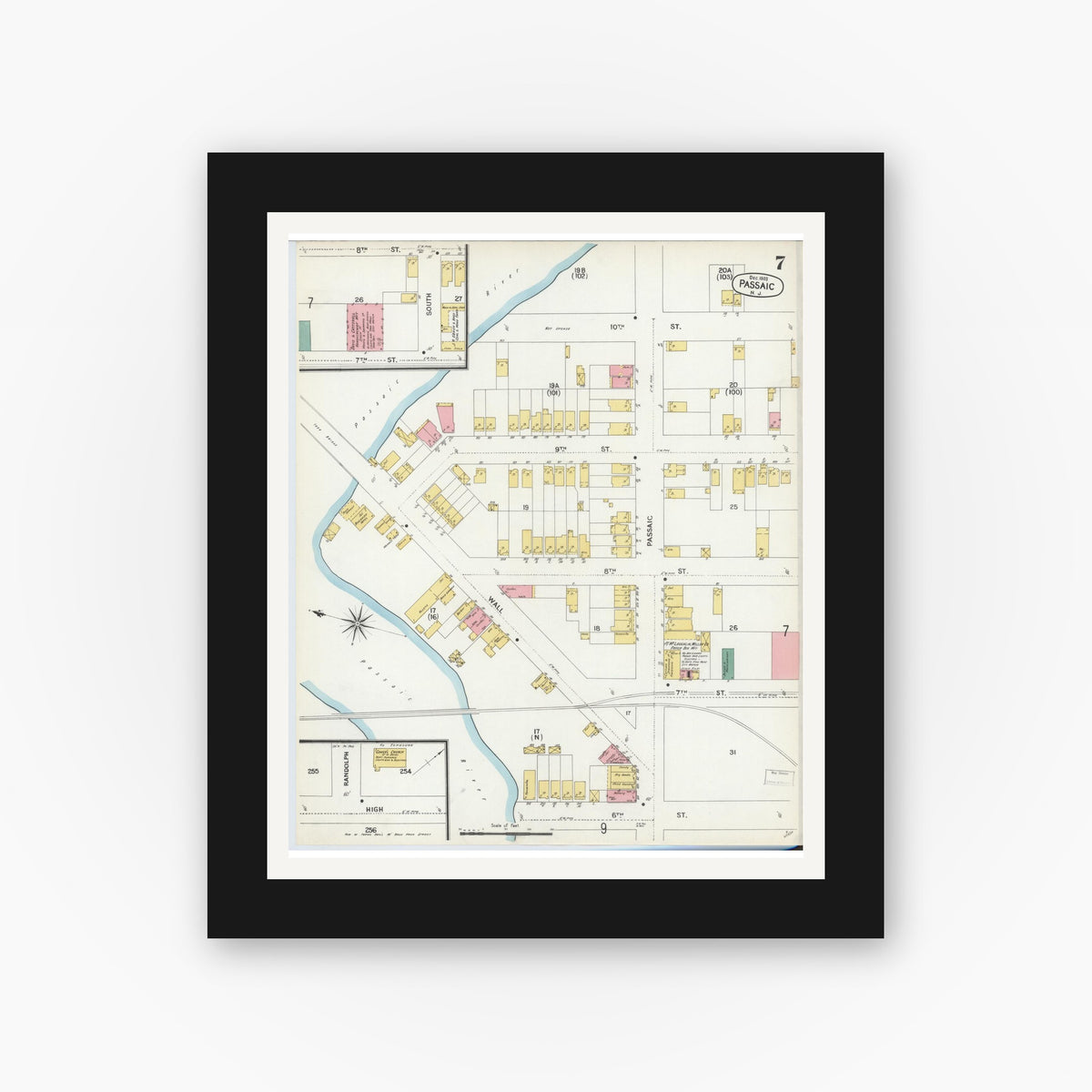 Old map wall art mockup — black gallery frame with white mat — Sanborn Fire Insurance Map from Passaic, Passaic County, New Jersey (1903), Sheet #0007