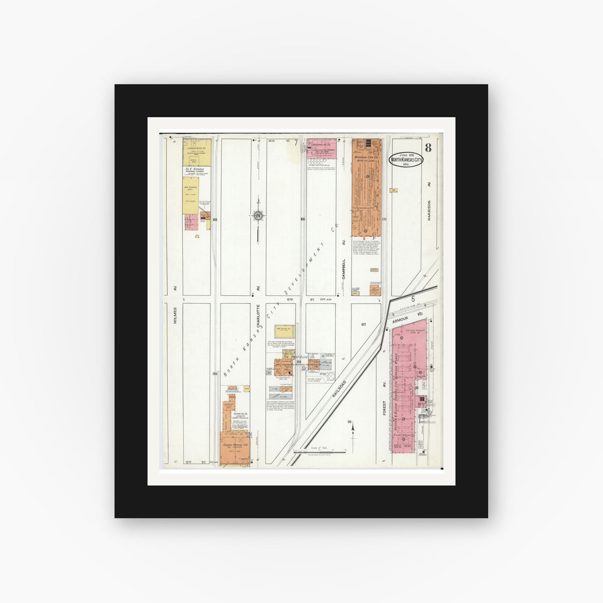Old map wall art mockup — black gallery frame with white mat — Sanborn Fire Insurance Map from North Kansas City, Clay County, Missouri (1918), Sheet #0008